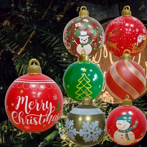 Detail showing various inflatable Christmas balls with snowman and reindeer patterns