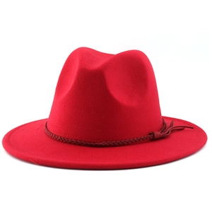 Classic red wide brim fedora hat with a suede fringe tassel band for men and women