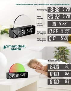 Close-up of LED sunrise alarm clock with RGB ambient light and digital display showing time