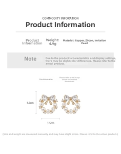 Detail showing gold bow and pearl wreath earrings with zircon inlay and dimensions