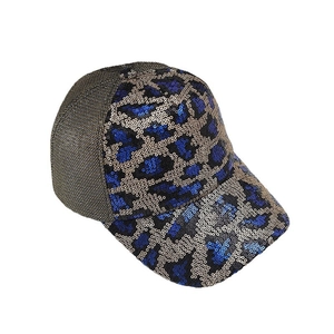 Blue and silver sequin leopard print baseball mesh cap with breathable black mesh back
