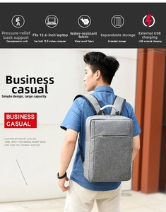 Detail of grey travel backpack showing external USB charging port and water resistant fabric
