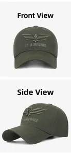 Détail de la casquette de baseball en coton vert militaire avec broderie US Air Force