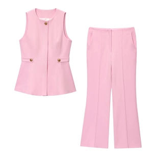 Completo Donna Rosa Gilet Senza Maniche Con Peplo E Pantaloni A Zampa A Vita Alta Elegante Street Casual Twill Poliestere
