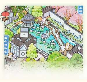 Detail of Suzhou Museum 3D stickers featuring cherry blossoms, ponds and cats