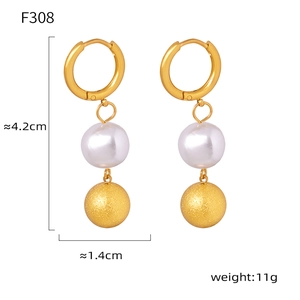 Detail view of pearl tassel earrings with size measurements of 4.2cm height and 11g weight