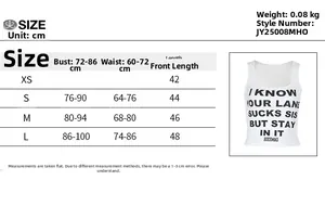 Size chart showing XS to L dimensions for the white cropped tank top with text print