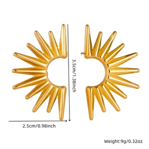 Golden stainless steel sunray fan shaped earrings with geometric drop design