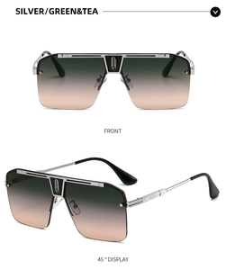 Vistas frontal y de 45 grados de gafas de sol cuadradas plateadas con lentes degradadas
