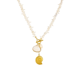 Bohemian gold-plated starfish beaded necklace with shell pendant and OT clasp detail