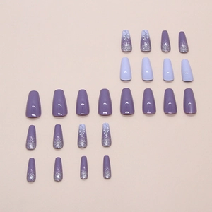 Purple vine flower ballet press-on nails with silver glitter gradient and long coffin shape