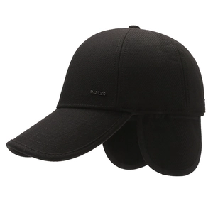 Winter men's black thermal baseball cap with ear flaps and fleece lining for wind protection