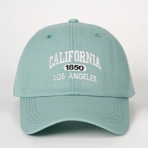 Adjustable mint green cotton baseball cap with white California embroidery on the front