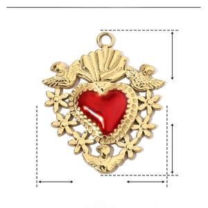 Detailed size parameters of gold heart pendant with red enamel in stainless steel