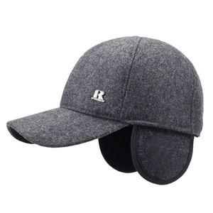 Winter thermal baseball cap for men with warm ear flaps and thick wool fabric in dark grey