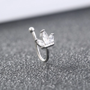 Mini silver faux nose ring with three marquise cut clear zircons in a bud shape