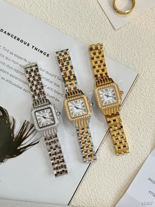 Three elegant square women's watches in gold and silver steel with rhinestone bezels