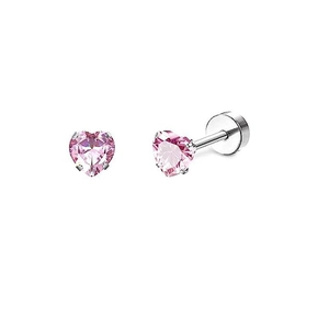 Detail view of pink heart zirconia stud earrings with silver screw back closures