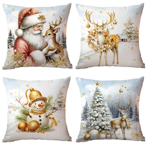 Christmas Cushion Covers Short Plush Square Pillowcase Santa Claus Reindeer Snowman Pattern For Sofa Home Decor Winter Holiday Invisible Zipper