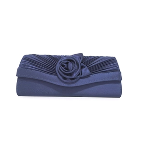 Elegant navy blue satin evening clutch bag with handmade 3D rose and pleated texture