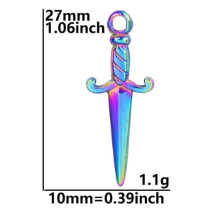 Rainbow plated stainless steel dagger pendant dimensions showing 27mm height and 10mm width