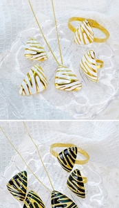 Detail view of triangular jewelry set with zebra patterns in black and white finish