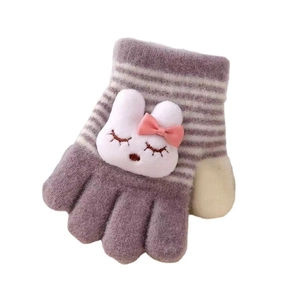 Gants tricotés rayés violets pour enfants avec poupée lapin 3D et nœud rose