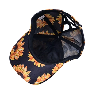 Black cotton sunflower baseball cap with adjustable strap and breathable mesh back