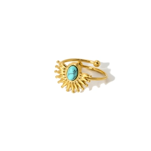 Detailed view of the gold-plated starburst ring set with an oval turquoise gemstone