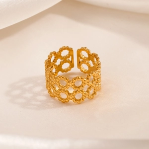 Adjustable double-layer hollow geometric bead ring in gold-plated stainless steel