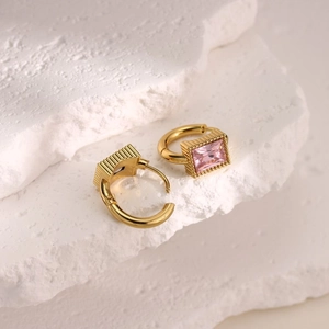 18K gold plated rectangular pink zircon earrings with vintage beaded edge design