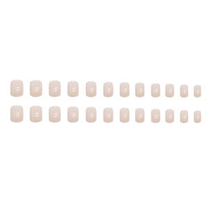Lot de 24 faux ongles carrés rose nude brillant, présentés par taille sur fond blanc