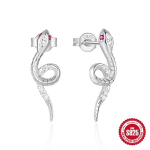 925 sterling silver snake stud earrings with red and white sparkling zircon stones