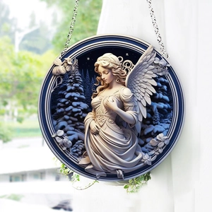 Christmas Angel Hanging Ornament Acrylic Relief Style Embossed Pendant For Home Window Door Decor Classical Festive
