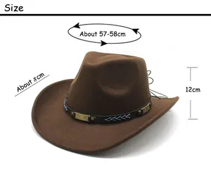 Detailed size chart for brown western cowboy hat with crown height and brim measurements