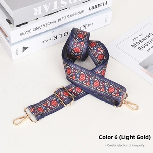 Detail view of retro ethnic print bag strap with light gold metal hardware clips