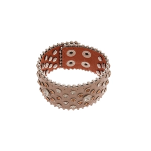 Bracelet large en cuir marron avec strass en cristal et rivets argentés pour femmes