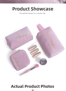 Three-piece pink velvet makeup bag set with gold embroidery and metal zipper on white background