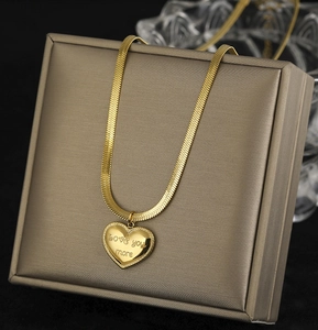 Heart Pendant Necklace Titanium Steel Love You More Lettering Snake Chain Gold Plated Minimalist Women Jewelry