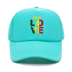 Close-up of turquoise trucker hat showing breathable mesh and colorful one LOVE print