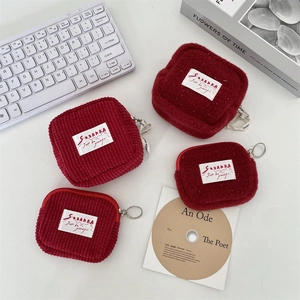 Cute red corduroy and plush small coin purse set with zipper and metal ring for women