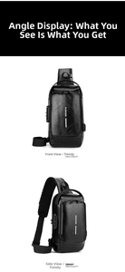 Detail view of the black anti-theft chest bag with built-in USB port and combination lock