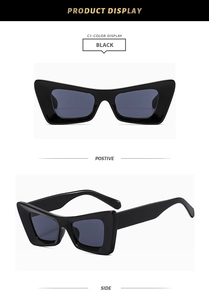 Detailed views of black cat-eye sunglasses with wide temples and polished finish
