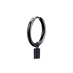 Minimalist matte black stainless steel hoop earring with industrial coil pendant for men