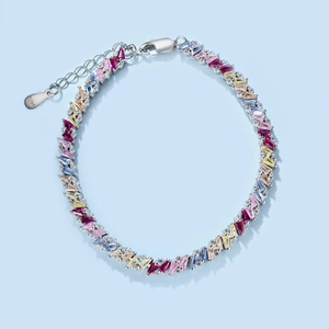 Detailed close-up of S925 silver bracelet featuring vibrant multicolor zircon stones