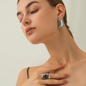 Silver stainless steel geometric earrings and ring set with high-polished mirror finish