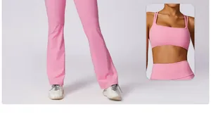 Detailed view of pink high-waist flared yoga leggings and sports bra set for fitness
