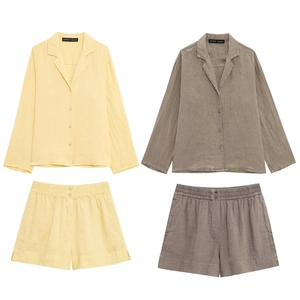 Leinen Langarm V-Ausschnitt Hemd und Shorts Set in Gelb und Taupe Farben