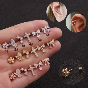 Chic Stainless Steel Ball Back Stud Earrings Shiny Zircon Butterfly Heart Cross Piercing Jewelry For Women