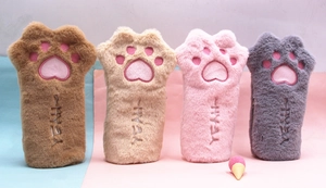 Plush cat paw pencil cases in brown, beige, pink, and grey with soft fluffy texture